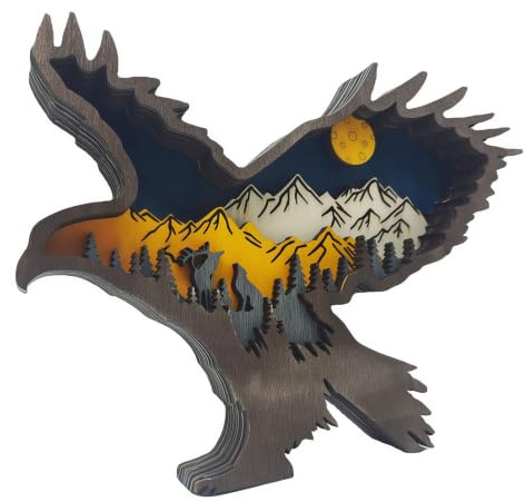 Drawelry 3D Holz Tiere Schnitzerei Skulpturen Ornament, Mehrschichtig Holz Synthese Wald Tier Gravur Regal Statuen Handwerk für Home Büro Desktop Weihnachten Neujahr Festival Dekor (Adler)