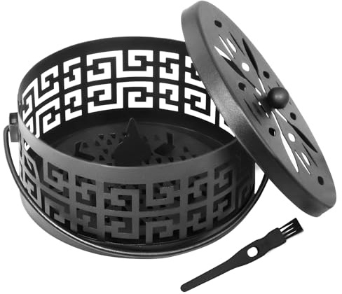 Moskito Spulenhalter Ø15CM Metall-Räucherstäbchenhalter mit Griffdeckel | Spulenbox Aromatherapie Halter mit Reinigungsbürste Round Metal Incense Box (Schwarz)