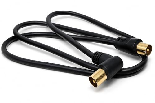 DRUT TV Male to Male Plug Coaxial Cable, RG6, 1m, Right Angle, Black Gold | Aerial Digital Antenna RF Fly Lead Cable, 3.3ft