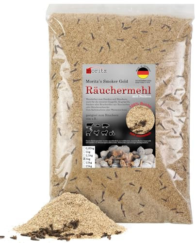 Moritz 5 kg di farina per affumicatura di faggio con chiodi di garofano, 0,5 – 1 mm, affumicatura a freddo di pesce, carne, salsiccia, formaggio, verdure, anche per barbecue, barbecue, trucioli di