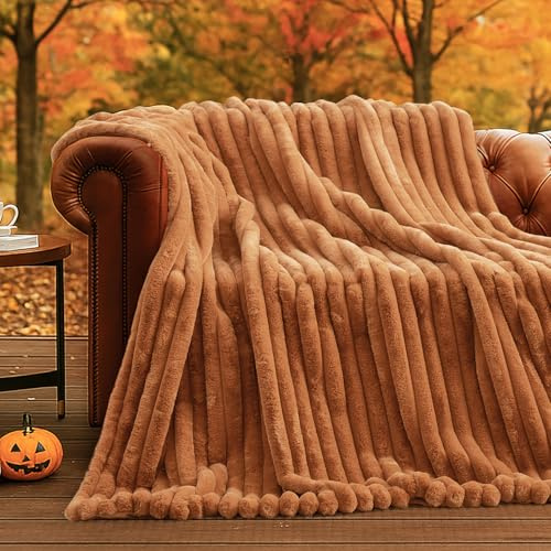 Amélie Home Faux Fur Throw Blanket for Couch, Cozy Fuzzy Fluffy Fur Luxurious Soft Striped Plush Gift Blankets for Family Sofa Chair Bedroom, 55x70, Orange Brown