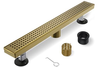 HTOH Linear Shower Drain, 24 Inch Gold Shower Drain with Removable Square Hole Cover Grate, Bathroom Modern 304 Stainless Steel Brushed Gold Shower Floor Drain with Adjustable Feet,Hair Catcher