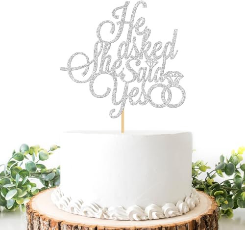He Asked She Said Yes Cake Topper, Just Engaged, From Miss to Mrs, Silver Glitter Bride to Be Party Cake Decorations