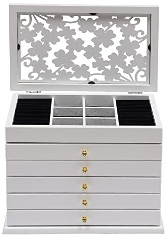 WooDerson Portagioie con 5 cassetti, in legno, design intagliato, fodera interna in tessuto di velluto, rettangolare, per orologi, collane, orecchini, 31 x 20 x 24,5 cm (bianco)