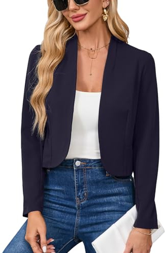 Hobrounn Blazer à manches longues pour femme, blazer ouvert élégant et décontracté, blazer court décontracté, veste de travail, bleu marine, M