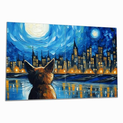 Wallario Herdabdeckplatte/Spritzschutz aus Glas, 2-teilig, 80x52cm mit 8 mm hohen Füßen, für Ceran- und Induktionsherde, Katze im Mondschein