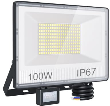 ANNIFUNLY Faretto Led da Esterno con Sensore di Movimento, 100W 10000LM Faro Led Esterno 6500K Bianca Fredda IP67 Impermeabile Faretti LED Proiettore Esterni per Giardino, Garage, Cortile