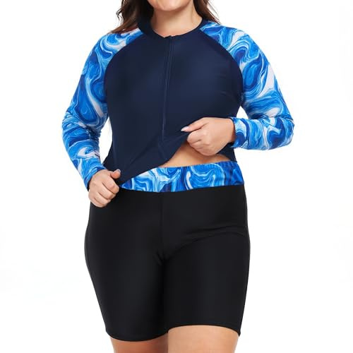 Owntop Damen Übergröße Rash Guard | 2-Teilige UPF 50+ Badeshirt | Langarm Reißverschluss Rashguard-Shirts & Hochtaillierte Boyshorts | Schnelltrocknend Badebekleidung Badeanzüge | Surfen | Blau 5XL