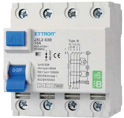 A2ZWORLD Interrupteur différentiel type B triphasé, RCCB Classe B 30mA 4P 16A, 3P+N 4 pôles 10 kA AC 400 V, occupe 4 modules barre DIN