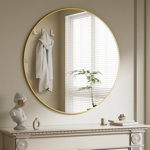 BEAUTYPEAK - Specchio rotondo da 90 cm, specchio murale anti-rottura con cornice in alluminio, specchio da bagno da appendere e da appoggiare, specchio murale rotondo per camera da letto, bagno
