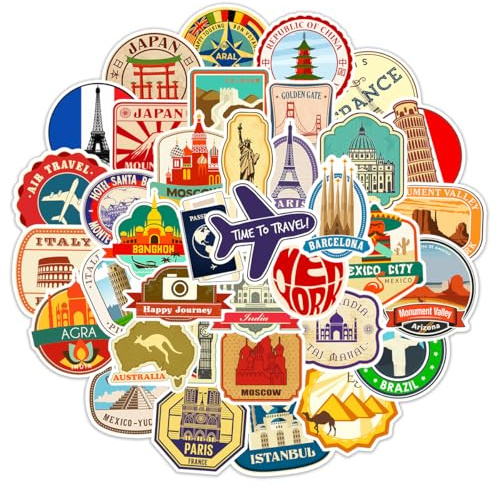 Pegatinas de Viaje 50 Piezas - Stickers de Vinilo Impermeables Decoración para Casco Moto Coche Laptop Scrapbook Skateboard Maletas