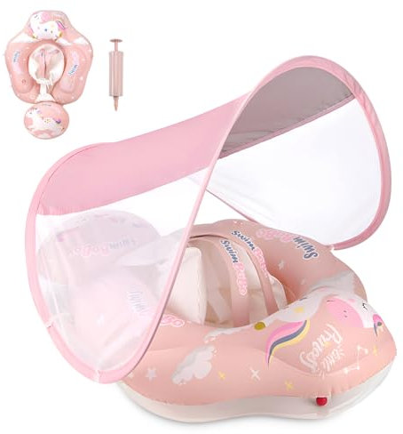 Rosa Baby-Schwimmring mit Abnehmbarem Sonnenschutz & Sicherheitsgurt, 6-36 Monate Schwimmreifen für Mädchen mit süßem Pony-Motiv, Anti-Umkipp-Design für Pool, Strand & Baden (Rosa)