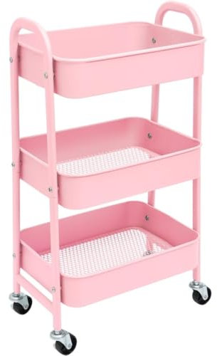 Friseurwagen mit 3 Ebenen, Metall, Aufbewahrungswagen auf Rädern, für Make-up, Küche, Bad und Büro, platzsparend, Rosa