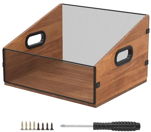 NZWBSHSSP Vinyl Record Storage Box Case Crate, Vinyl Record Album Holder, Desktop Metal & Wooden LP Record Crate, Holds up to 60 Album