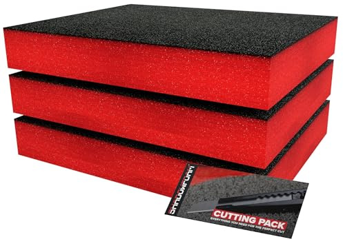 Shadow Foam litet paket 3 st – skuminsatser kit för verktygslådeorganisering – 40 x 32 cm gör-det-själv Cut & Peel skumskivor för verktygslådor och verktygsförvaringssystem – röd (70 mm djup)