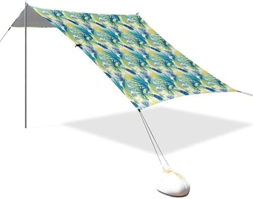 Toldo de playa plegable con diseño de hojas verdes y azules, protección UPF50+, fácil instalación, parasol portátil con sacos de arena y pala de arena para viajes familiares