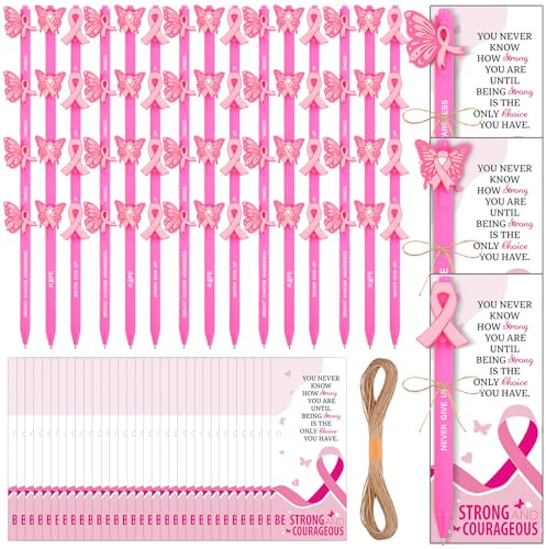 YXSJAS 30 Pcs Mother's Day Ballpoint Pens Pink Pen Pink Ribbon Retractable Pens with Inspirational Card Twine Accessories for Public Events Charity Supplies