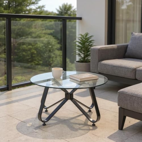 FurnitureR Tables de bistrot pour Jardin, Ronde Minimaliste en Verre Trempé Top avec Bords Arrondis Lisses, Table Basse en Métal pour Jardin/Balcon/Terrasse/Bistrot/Patio, 80 x 80 x 40 cm