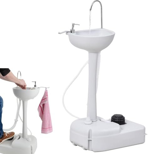 Fregadero portátil de camping con capacidad de agua de 17 litros, lavabo a mano con ruedas, incluye soporte para toallas y dispensador de jabón, ideal para eventos al aire libre y reuniones