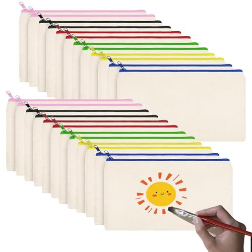 24 Stück DIY Blanko Stoffbeutel, Stoff Federmäppchen zum Bemalen 12 x 21cm | Bunt Stoffbeutel Zum Bemalen, Stoff Mäppchen zum Bemalen, Segeltuch Kosmetiktasche, Tasche Zum Bemalen für Kinder