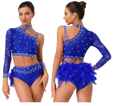Jhaoyu Women 2 Piece Crop Top with Feather Briefs Jazz Latin Lyrical Dance Outfit Sparkly Rave Party Costume Royal Blue S