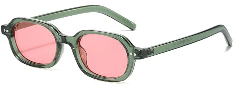 JCTAIFOO Kleine Ovale Sonnenbrille für Damen Herren, Vintage Retro Rechteck Brille mit UV400 Schutz (Grün/Rosa)