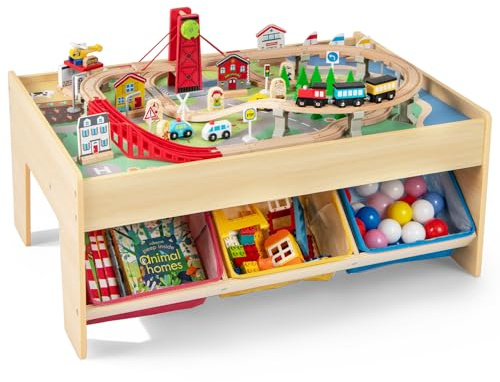 INFANS Train Table with Storage, 94 Pieces Wooden Kids Activity Toy Table Playset with 3 Foldable Boxes Reversible Detachable Tabletop, Tracks, Train, Railway, Gift for Toddler Boys Girls Ages 3+