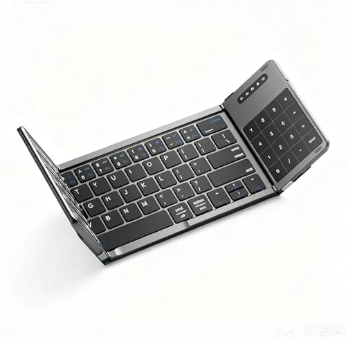 Triple fold portable Bluetooth keyboard, wireless folding design, palm sized, seamlessly connects to mobile phones, tablets, and laptops (black)