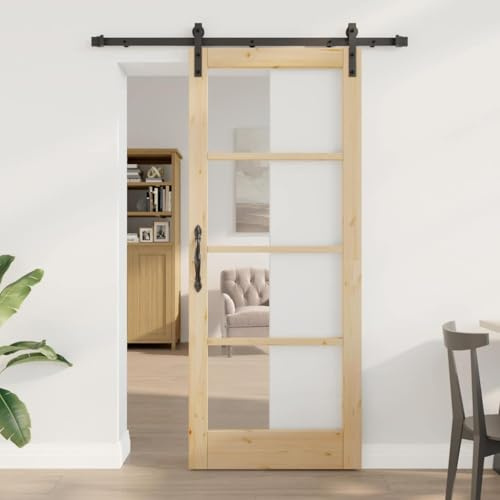 QJBSAVVA Schiebetür ORKDAL Braun 83 x 202 cm aus massiver Kiefer mit Matt-Oberfläche Modernes Design Robustes Holz-Metall-Set inkl. vollständigem Zubehör für Wohnzimmer Esszimmer Flur