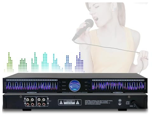 22 Bands Digital Equalizer, Digital Audio Stereo Graphic EQ with 10 Preset Effects, Low/Mid/Treble Adjustment, Automatic Noise Reduction, 1U Rack Mount, for Recording Studio