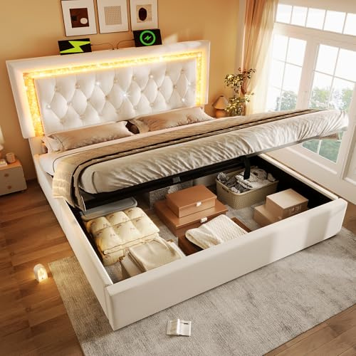 Qsddk Polsterbett Doppelbett 140x200 mit LED-Diamantband & USB-Ladestation | Für Schlafzimmer, Hydraulisches Bett mit Stauraum, Stauraumbett, Bettgestell mit Lattenrost, Samt, Beige, Ohne Matratze