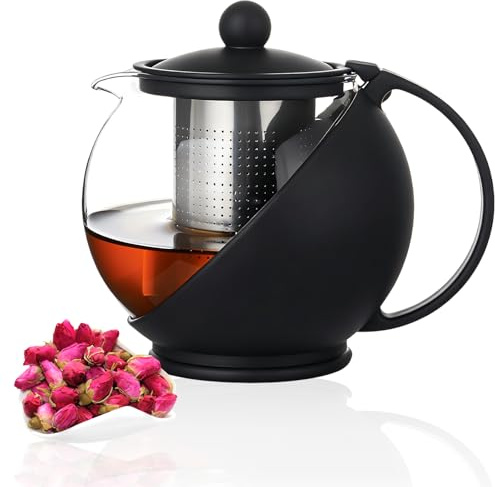 Round Tea Pot, 750ml Glass Teapot, Heat-Resistant Borosilicate Glass Teapot | Tea Maker with Removable Stainless Steel Strainer and Glass Lid, Teapot with Infuser for Preparing Loose Teas, Flower Tea