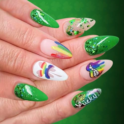 Lot de 24 faux ongles pailletés à coller sur les ongles, motif trèfles à quatre feuilles, pour ajouter de l'éclat et de la chance
