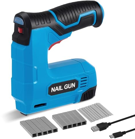 GJCrafts Grapadora eléctrica, grapadora eléctrica de iones de litio 2 en 1, kit de clavadora inalámbrica de 3,7 V con grapas y clavos, cargador USB, grapadora eléctrica para tapicería