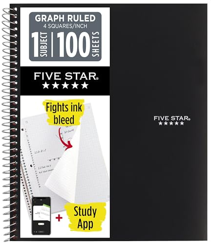 Five Star Spiral Notebook + Study App, 1 Subject, Graph Ruled Paper, 8-1/2 x 11, 100 Sheets, Fights Ink Bleed, Water Resistant Cover, Black (73679)