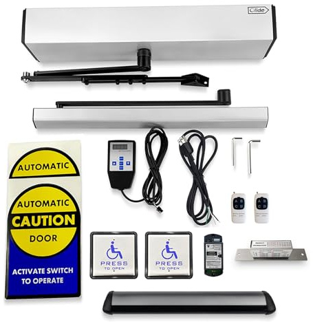 OIideauto All in One 120B Low Energy ADA Handicap Door Opener Kit with Wireless Commerical Square Handicap Exit Buttons and 550lbs Electric Strike Fail Safety(Silver Grey Color)
