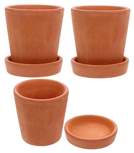 3 Stück Tontöpfe mit Untersetzer, Mini-Pflanzer mit Ablaufloch, Cotta, Sukkulenten, Kaktus, Pflanzgefäß für Zuhause und Büro
