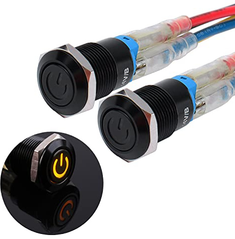 JIQI 2 × 12 mm Interruttore a pulsante impermeabile a scatto da 12 V a 24 V 2 A IP66 1NO Pulsante a scatto con simbolo di alimentazione LED Interruttore a pulsante ON/OFF in metallo nero (giallo)