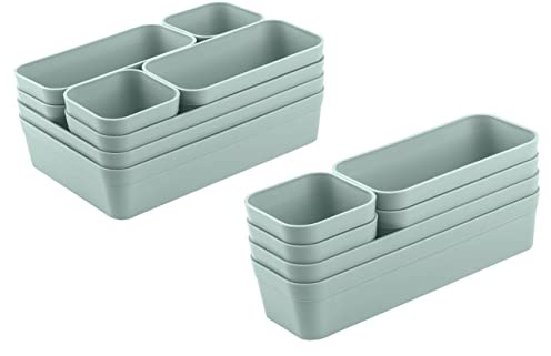 Engelland - Schubladen-Organizer Set, 14-teilig, Farbe: Pastell-Grün, universell verstellbar, Aufbewahrungs-Box, Einteiler, Trenn-System, Utensilien, Stauraum, Wohn-Badezimmer, Kunststoff, BPA-frei