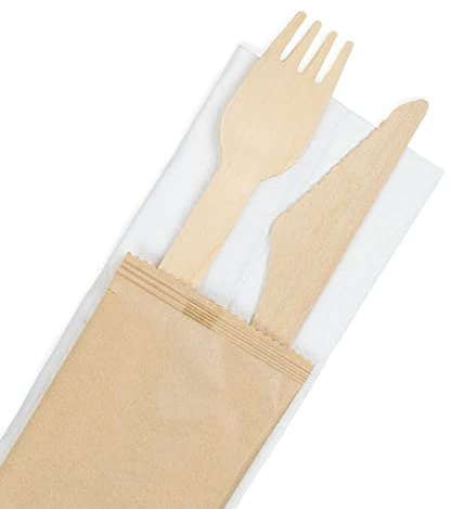 BIOZOYG Holz Besteck Set Messer Gabel 16cm mit Serviette I Imbiss Besteck biologisch abbaubar I Party Holzbesteck pro Set hygienisch verpackt I Holz Essbesteck Set Outdoor Großpackung 200er Pack