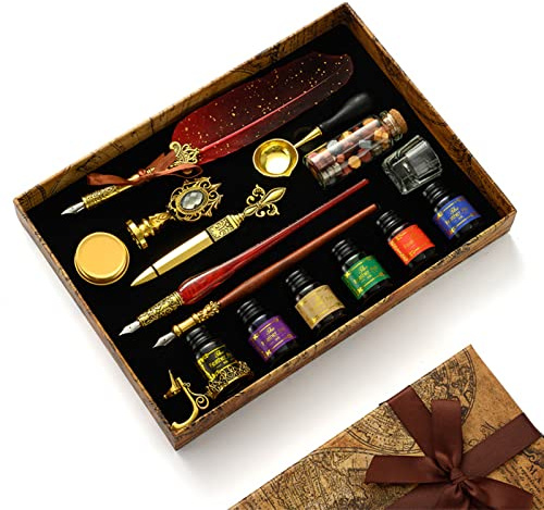 RoseFlower Stylo Dip à Plume Set, Stylo à Encre Rétro, Rétro Plume d'Oie Stylo de Calligraphi, Ensemble de Stylo Plume Antique pour Ecriture et Cadeau