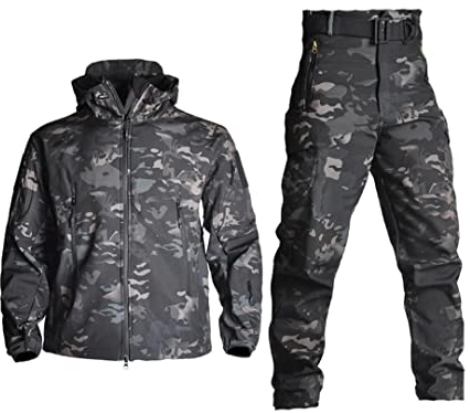 Military Camouflage Wanderjacken Set Thermo-Fleecejacke Windjacke Softshell Taktischer Jagdanzug Black-Camouflage XL for 80-90kg