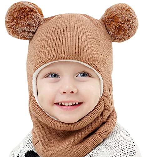 Surakey Unisex Baby Schalmütze Mütze,Kinder Jungen Mädchen Wintermütze Schal Set,Niedlich Panda Baby Mütze Beanie Hut Schal Fleece Thermisch Strickmütze Schlupfmütze Schalmütze Babymütze mit Bommel