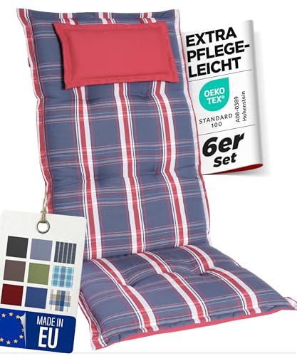 gardisun Gartenstuhlauflagen Hochlehner mit Kopfteil, 6er Set | Grau-Rot-Kariert, Extra Dicke Sitzauflagen, Made in Europe, Polsterauflagen für Hochlehner, Auflagen mit extra hohem Komfort