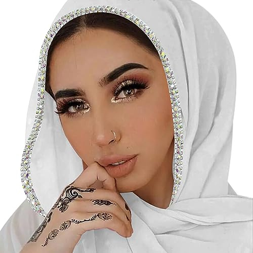 ANKOMINA Foulard long en mousseline de soie douce avec strass pour femme, Blanc (strass argentés), taille unique
