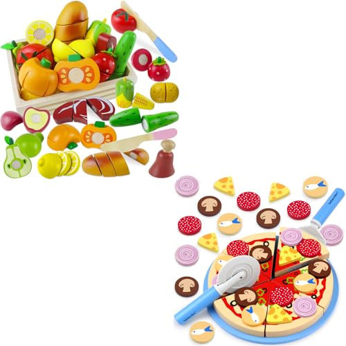 Beberolen Kinderküche Schneiden Obst Gemüse Lebensmittel Holz, Spielküche Pizza Spielzeug für Kinder Küche, Holzspielzeug Pizza mit Pizzaschneider, Pädagogisches Rollenspiel Lernspielzeug Geschenk