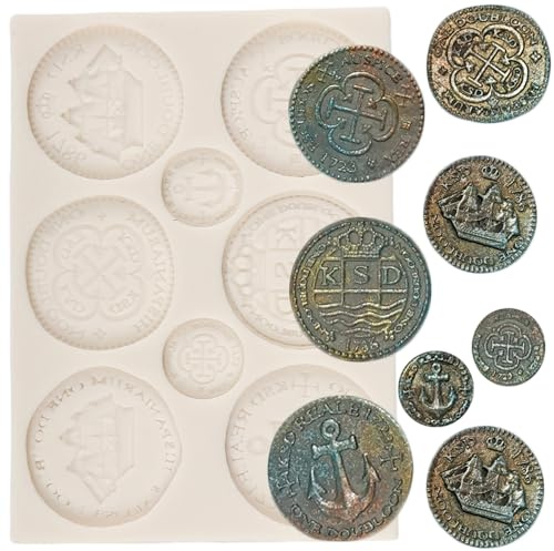 QDMOLDS Stampo in silicone a forma di monete del tesoro, stampi per fondente, per decorazione torte, cupcake, cioccolato, caramelle, argilla polimerica, pasta di gomma