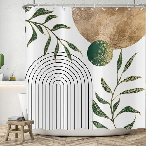 ASDCXZ Boho Duschvorhang 180x200 cm, Modern Abstrakt Kunst Boho Style Retro Sonne Grün Blätter Weiß Bad Waschbar Duschvorhänge Polyester Textil Wasserdicht Badevorhang für Badewanne mit 12 Haken