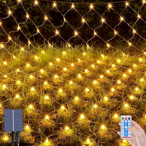 OPAHUTER 198 LEDs Solar Lichternetz Außen, 2 x 3 M Wasserdichte Lichterkette Netz, Fernbedienung Lichterketten Vorhang mit 8 Modi, Solar Lichternetz für Weihnachten Hochzeit Fenster Büsche