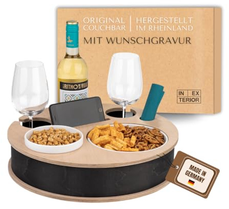 INEXTERIOR – Couchbar RundumBar handgefertigt aus Holz in Schwarz Personalisierbar – Runde Snack Box mit Zwei Snackschalen, Handyhalter & Flaschen- & Getränkehalter - Couchbutler Couchorganizer